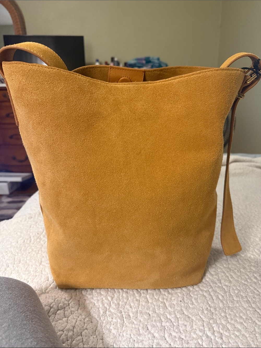 margot Suede Bucket Shoulder Bag in Mustard Yellow - Picture 3 of 10